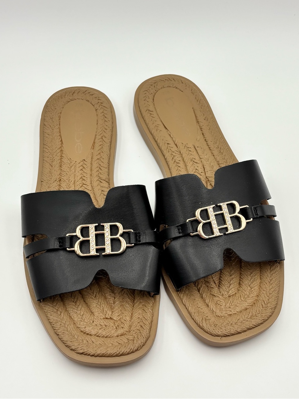 bebe Black Slide Sandals with Gold Double B Accent Size 7 NEW